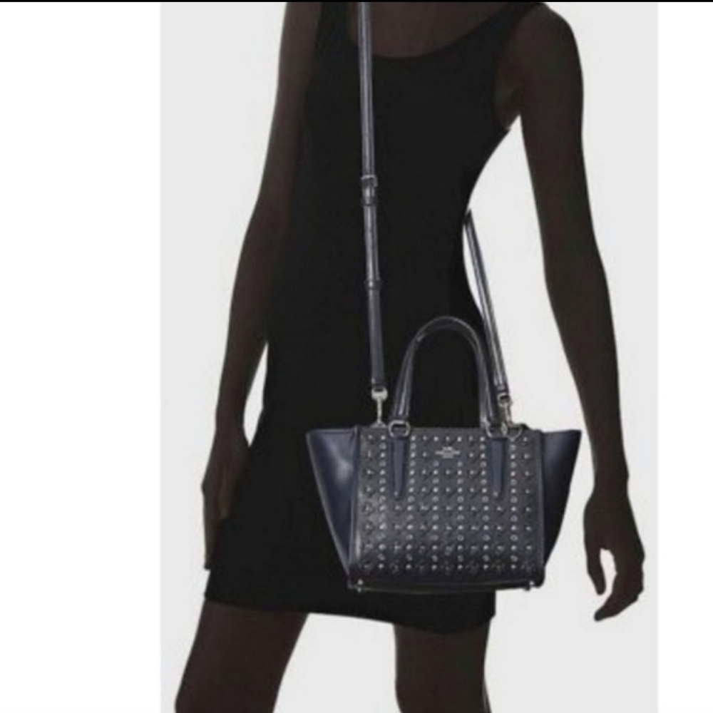 COACH Navy Mini Crosby Carryall Satchel Handbag w/Black Floral & Rivet Details - Picture 5 of 16
